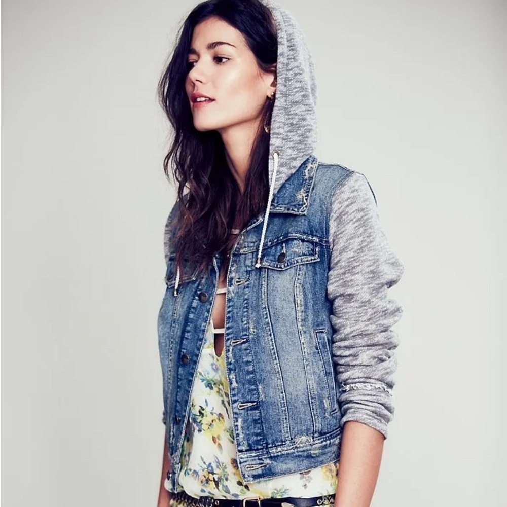 Free People Knit Hooded Denim Jacket S Small